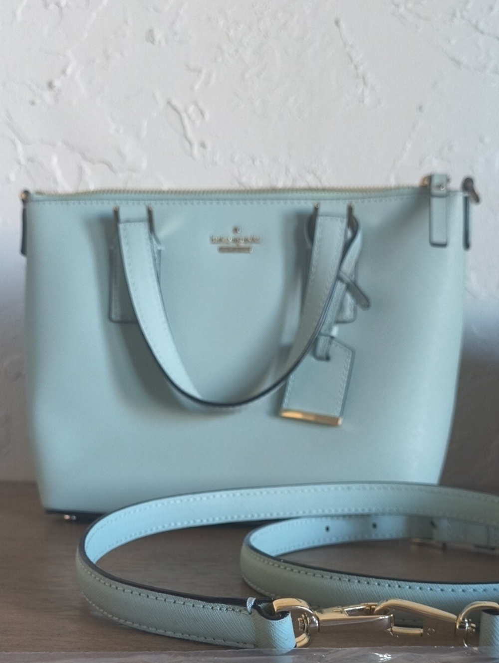 kate spade Mint Leather Satchel with Gold Hardware and Detachable Strap